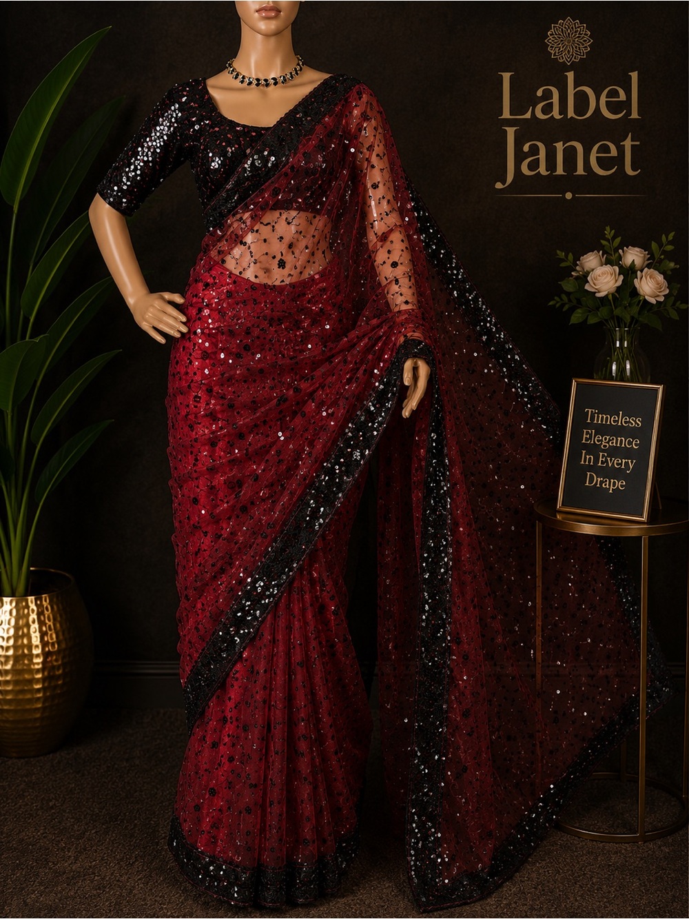 Red & Black Sequined Sheer Saree & stitched blouse (Brand New)